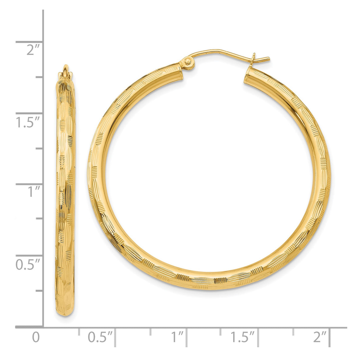 14k Yellow Gold Hoop Earrings with Etched Textured Design and Latch-Back Closure
