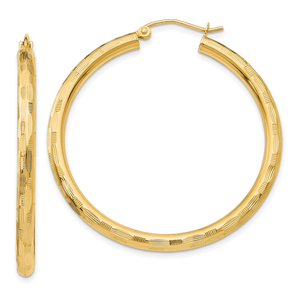 14k Yellow Gold Hoop Earrings with Etched Textured Design and Latch-Back Closure