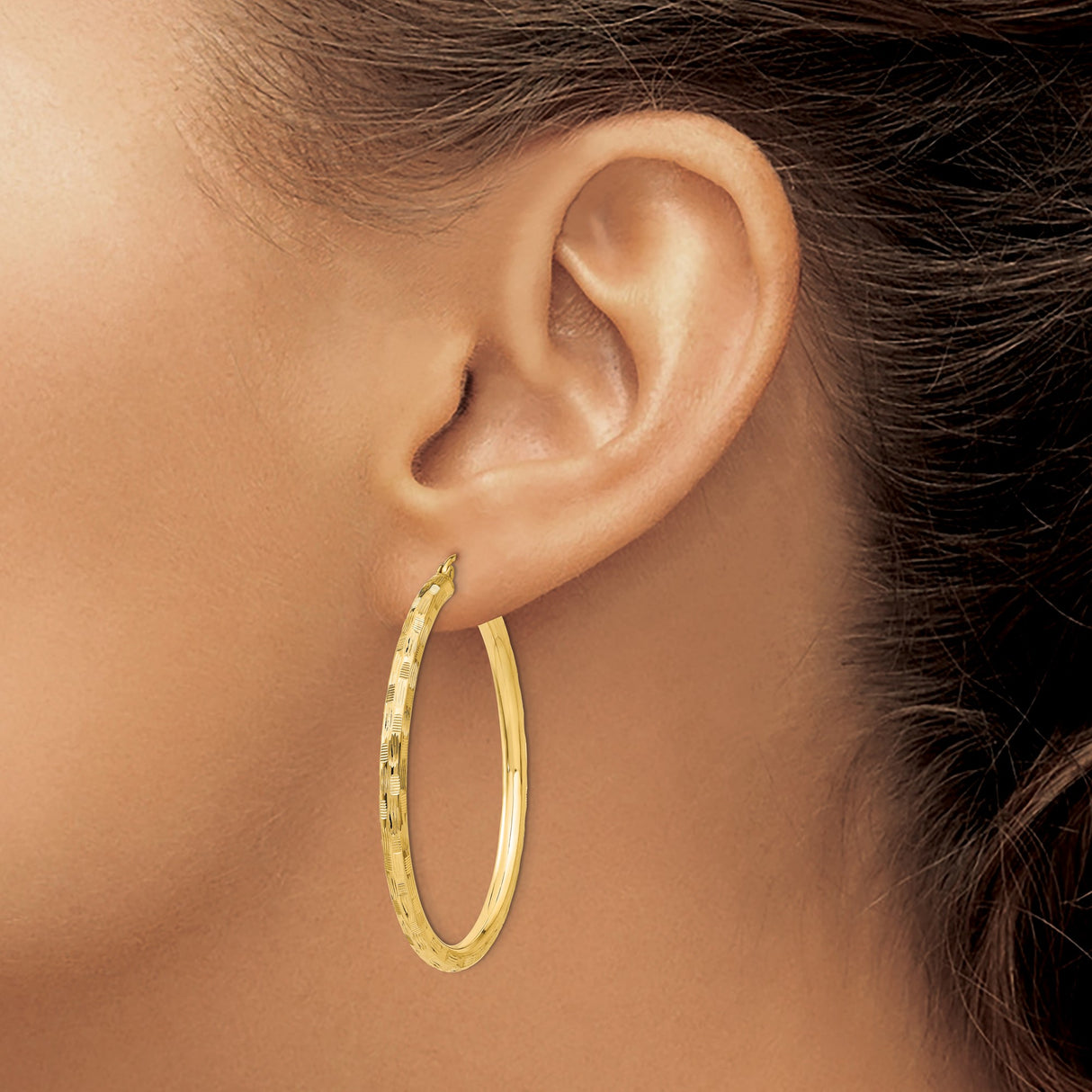 14k Yellow Gold Hoop Earrings with Etched Diamond Cut Texture and Polished Finish