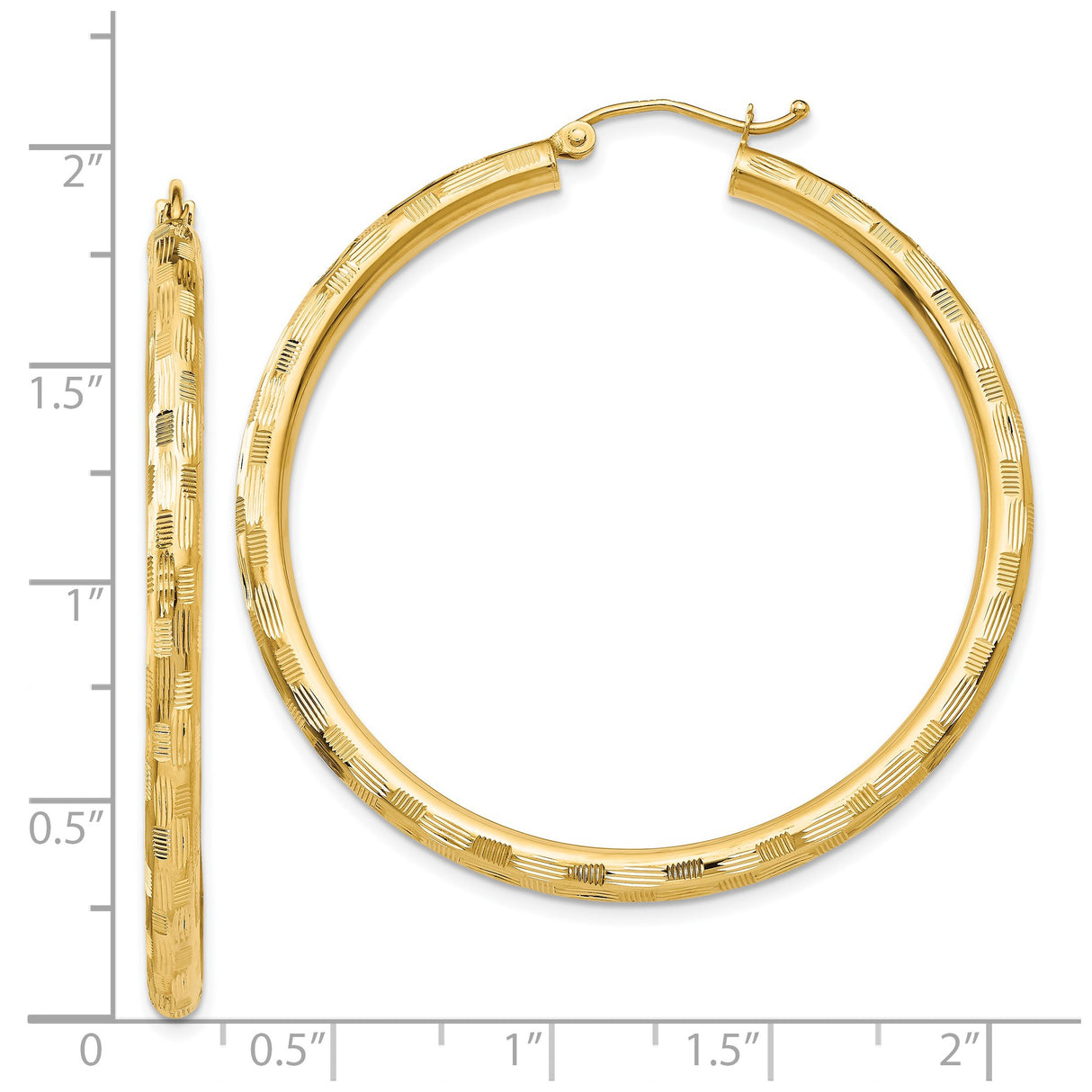 14k Yellow Gold Hoop Earrings with Etched Diamond Cut Texture and Polished Finish