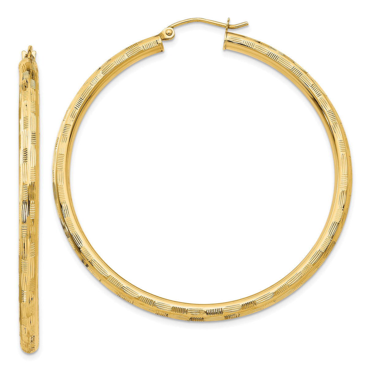 14k Yellow Gold Hoop Earrings with Textured Pattern, Lightweight Polished Finish for Women