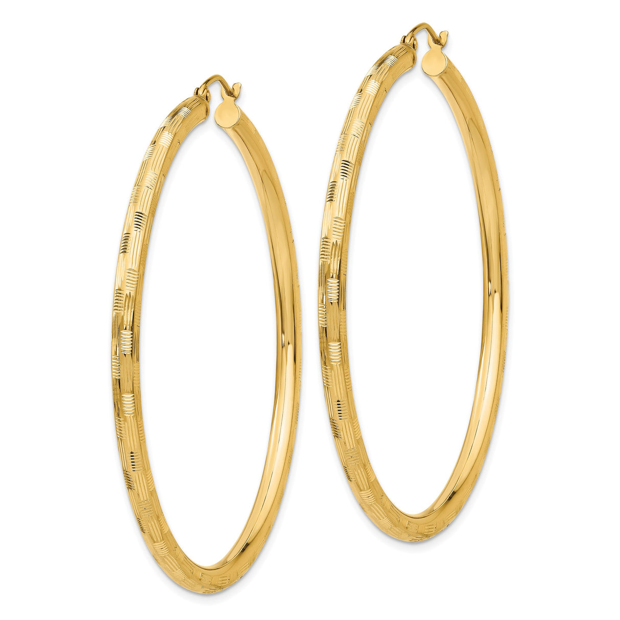 14k Yellow Gold Hoop Earrings, Textured Circular Design with Linear Pattern, Large Classic Style