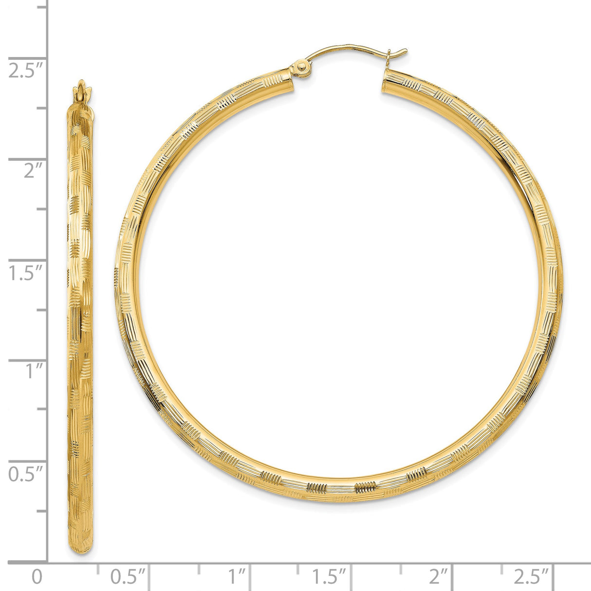 14k Yellow Gold Hoop Earrings, Textured Circular Design with Linear Pattern, Large Classic Style