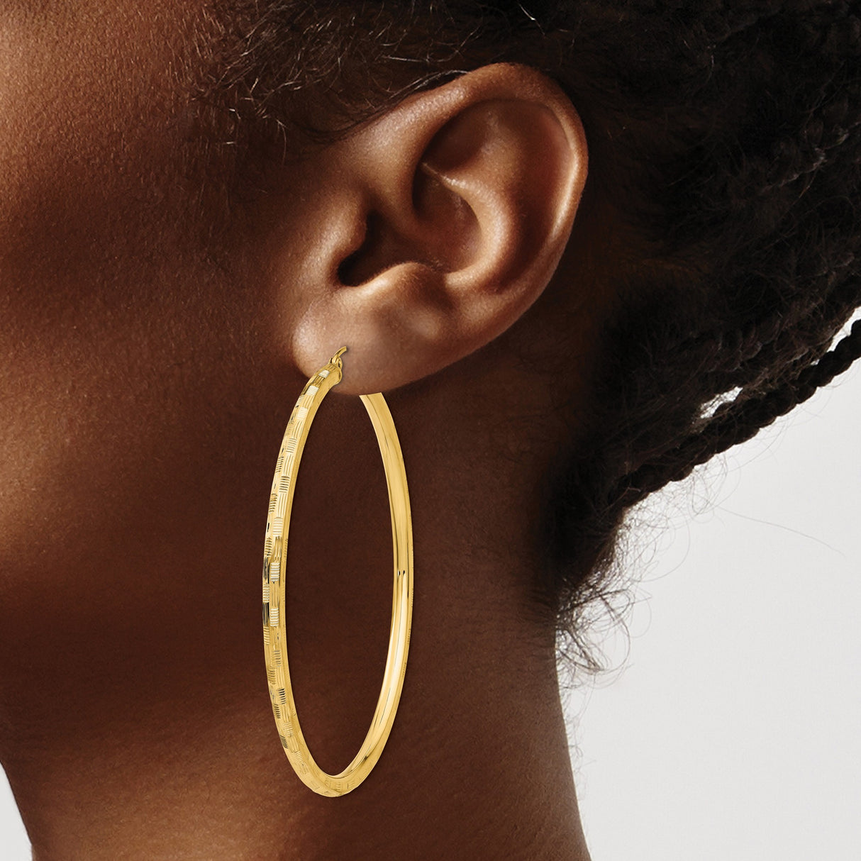14k Yellow Gold Hoop Earrings with Etched Texture and Polished Finish