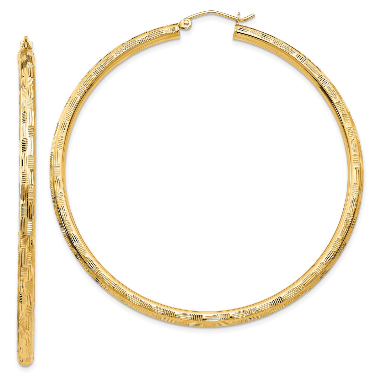 14k Yellow Gold Hoop Earrings with Etched Texture and Polished Finish