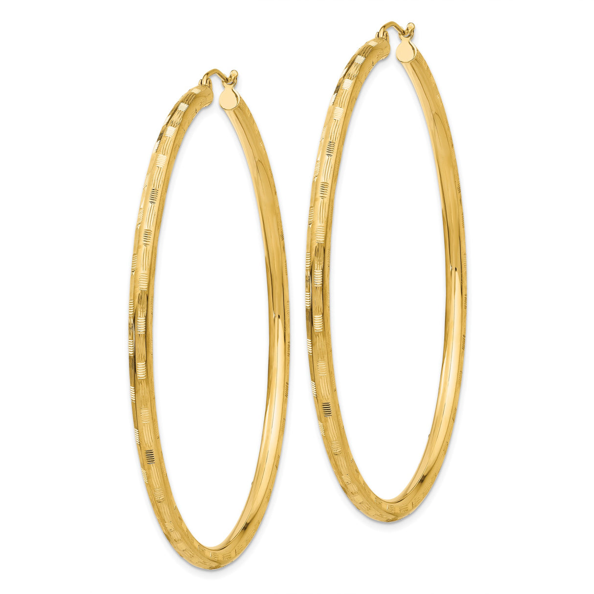 14k Yellow Gold Hoop Earrings with Textured Finish and Etched Line Detail