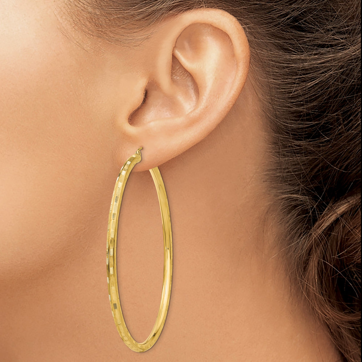14k Yellow Gold Hoop Earrings with Textured Finish and Etched Line Detail