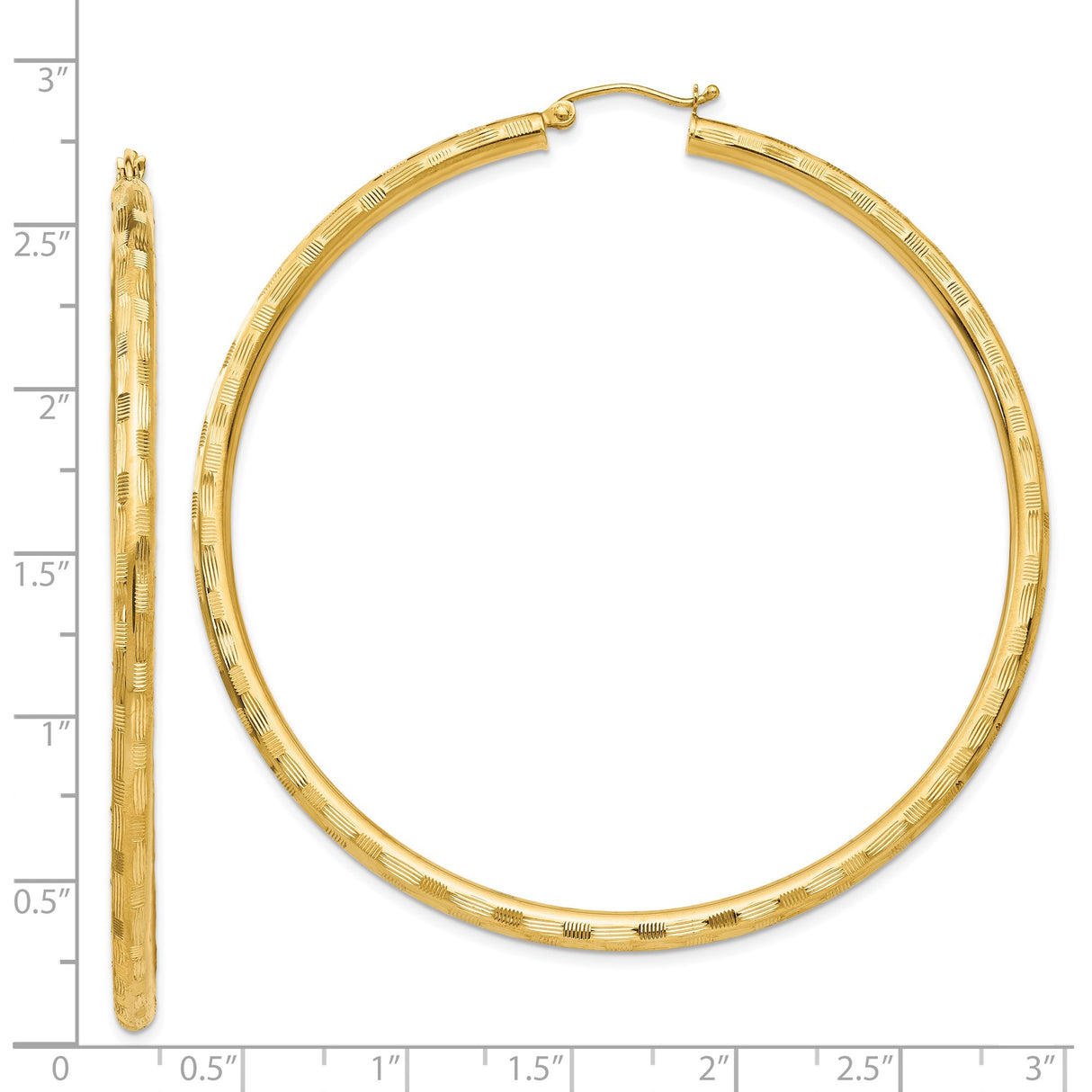 14k Yellow Gold Hoop Earrings with Textured Finish and Etched Line Detail