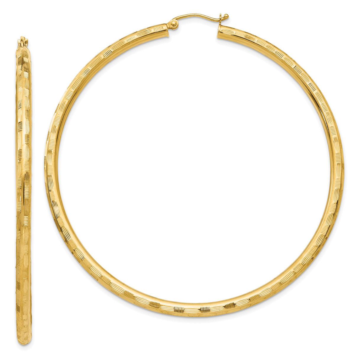 14k Yellow Gold Hoop Earrings with Textured Finish and Etched Line Detail
