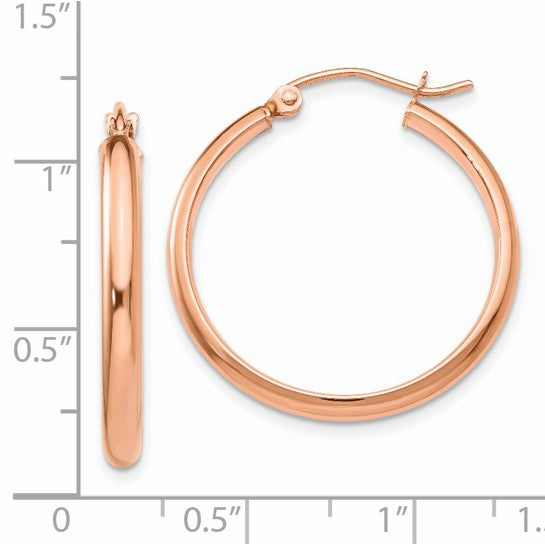 14k Rose Gold Hoop Earrings, Classic Round with Hinge Closure, Lightweight Minimalist Style