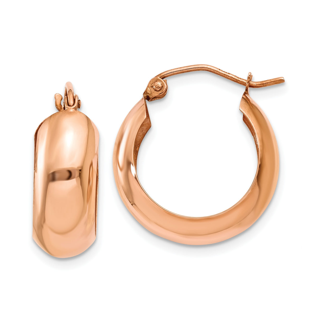 14k Rose Gold Hoop Earrings, Thick Round High Polish Hoops with Latch Back Closure