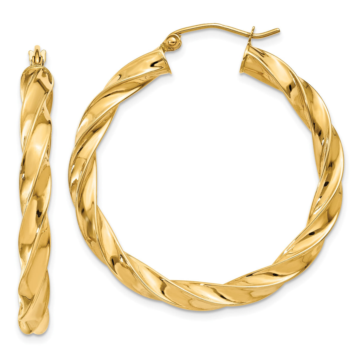 14k Yellow Gold Hoop Earrings, Twisted Bold Textured Design with High Polish Finish