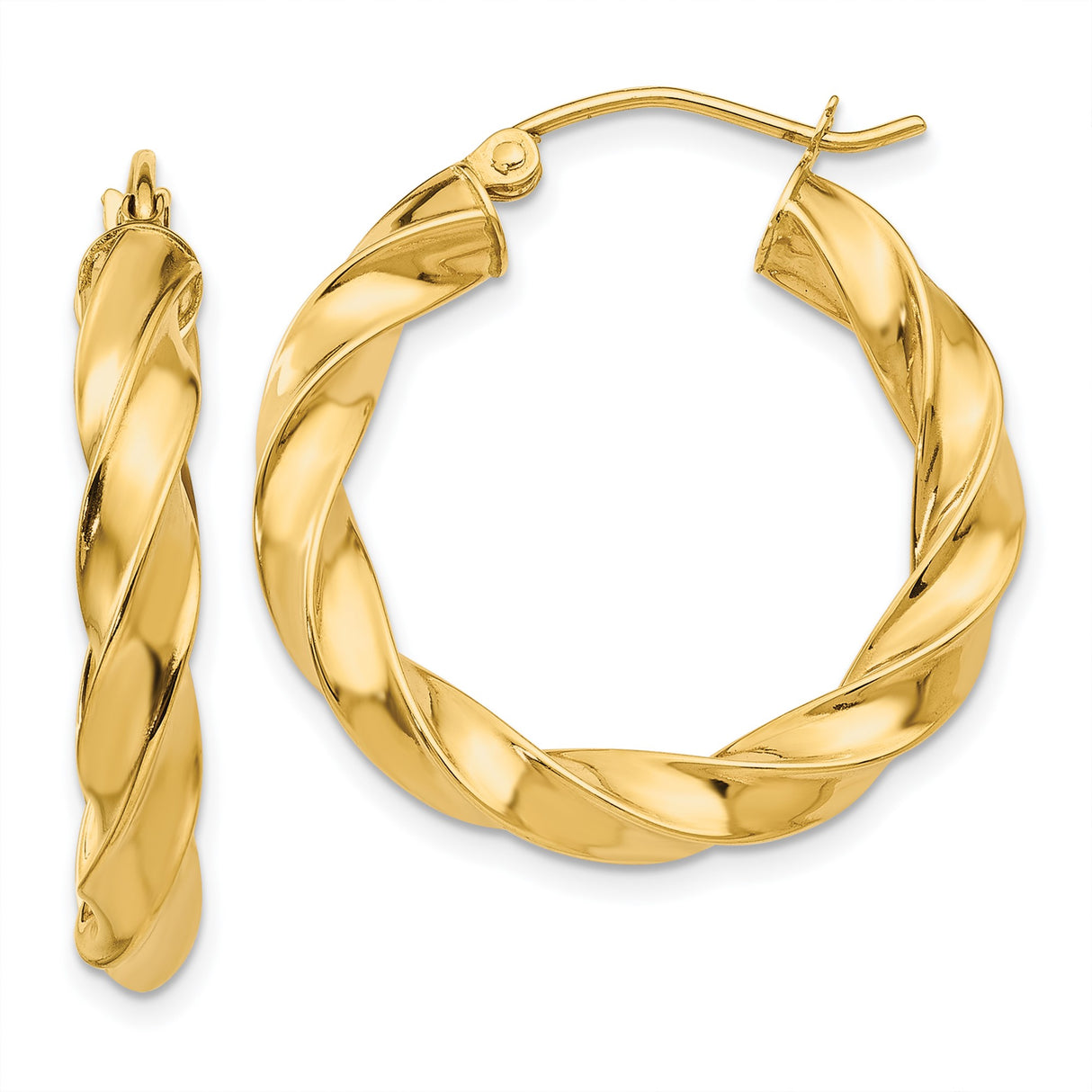 14k Yellow Gold Hoop Earrings, Twisted Braided Design, Lightweight Polished Style for Women