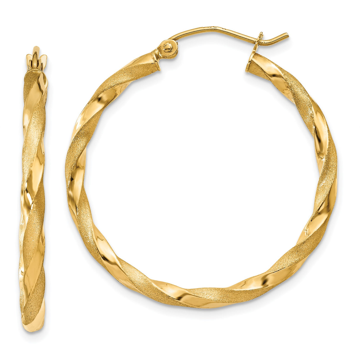 14k Yellow Gold Twisted Hoop Earrings, Polished and Textured Finish, Medium Classic Style