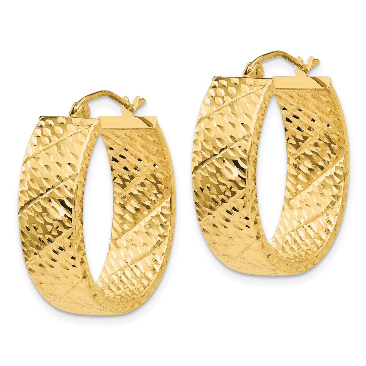 14k Yellow Gold Oval Hoop Earrings with Diamond Cut Textured Finish, Latch Back Closure