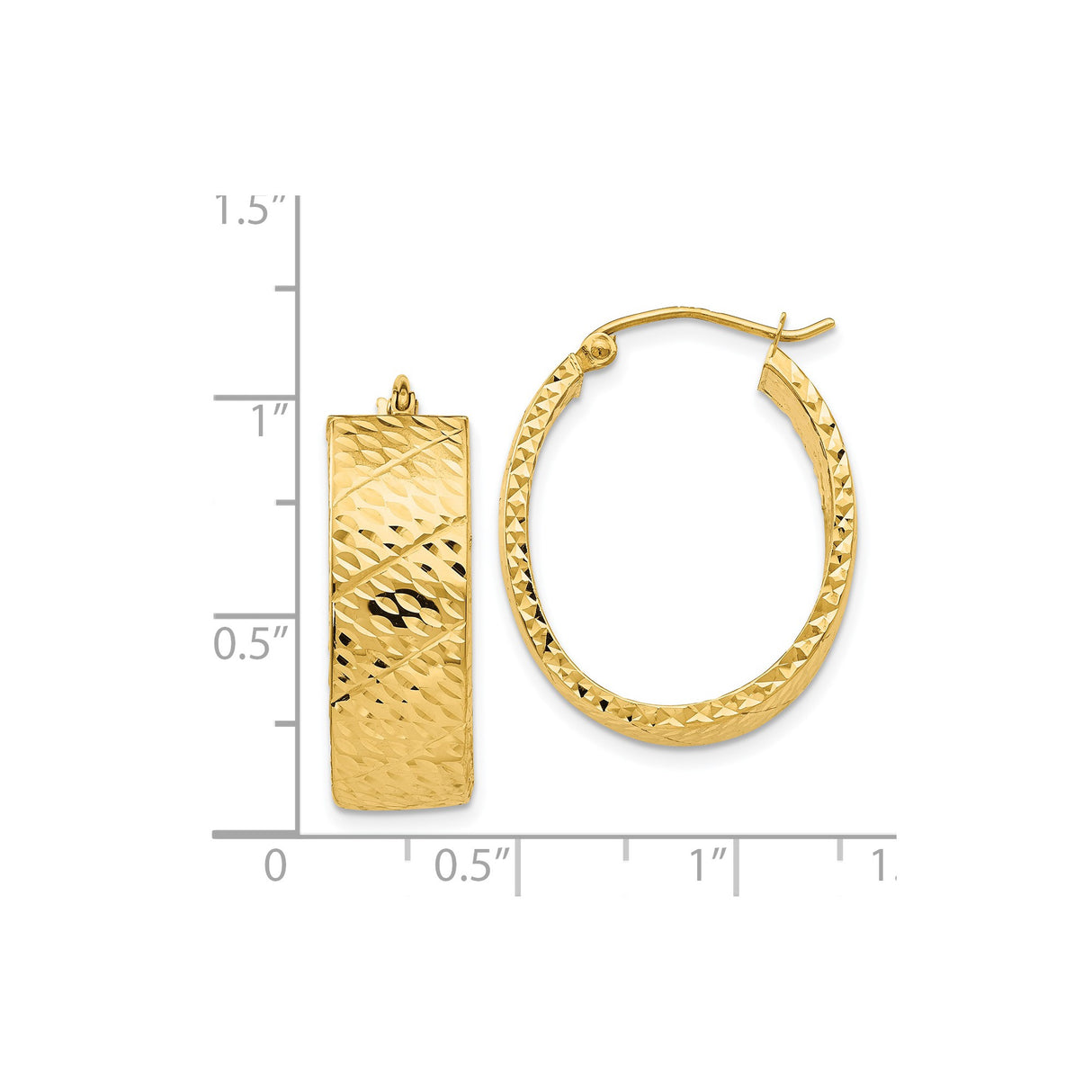 14k Yellow Gold Oval Hoop Earrings with Diamond Cut Textured Finish, Latch Back Closure