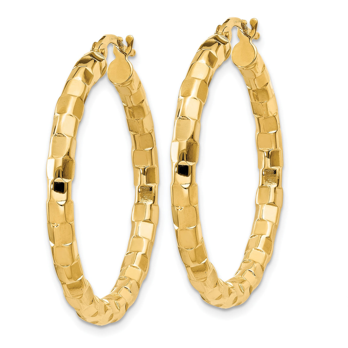 14k Yellow Gold Hoop Earrings, Textured Bold Faceted Square Link Design for Women