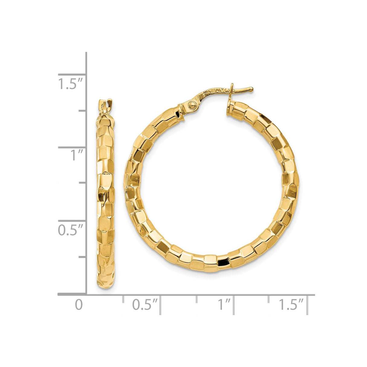 14k Yellow Gold Hoop Earrings, Textured Bold Faceted Square Link Design for Women