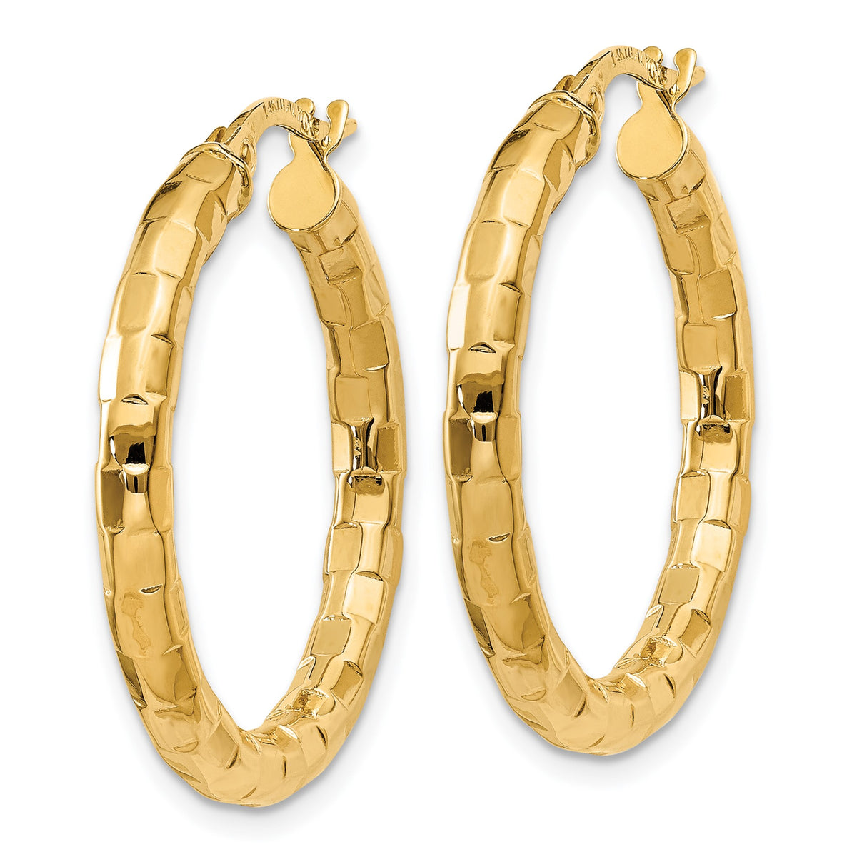 14k Yellow Gold Hoop Earrings, Textured Faceted Design with Latch-Back Closure, Medium Size