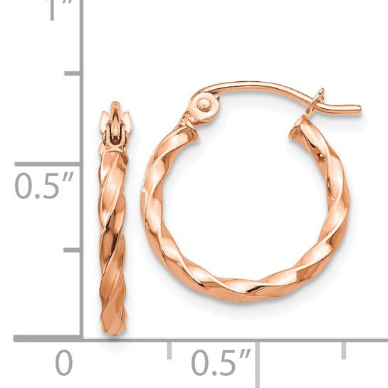 14k Rose Gold Twisted Hoop Earrings, Lightweight Braided Polished Classic Hoops for Women