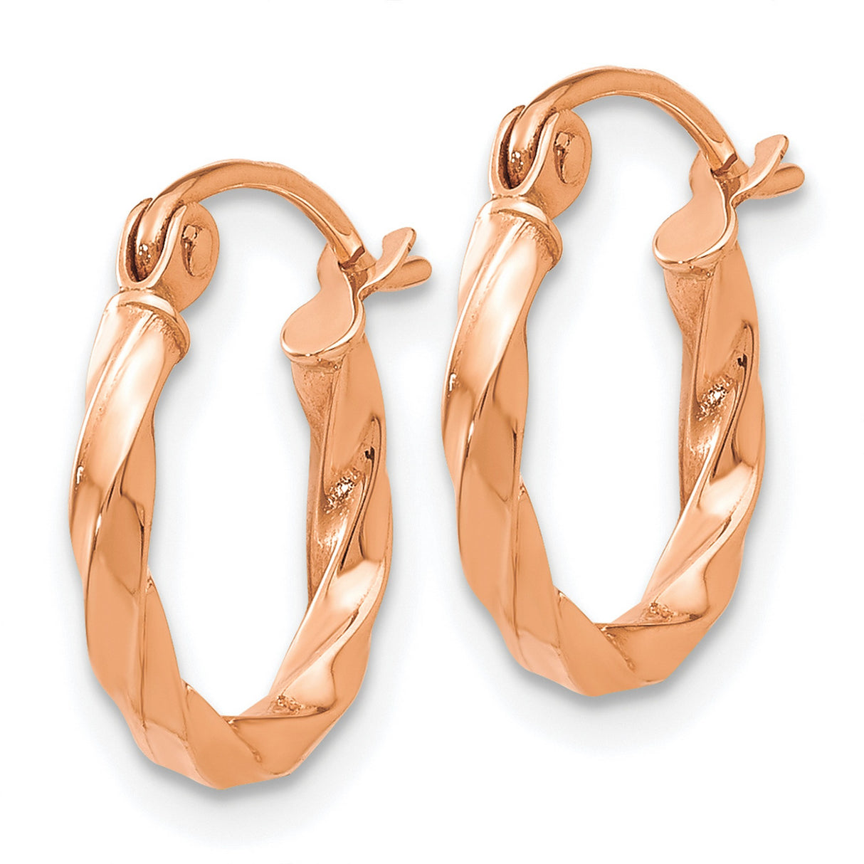 14k Rose Gold Twisted Hoop Earrings, Polished Minimalist Design, Lightweight Round Style