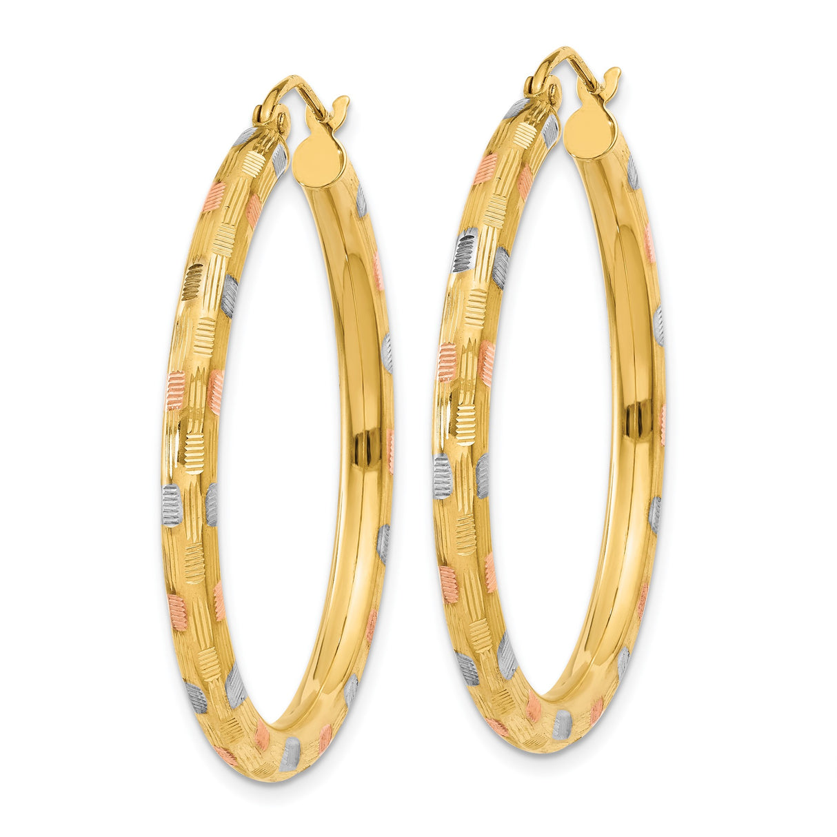 14k Tri-Color Gold Hoop Earrings, Textured Diamond-Cut Design in Yellow, White, and Rose Gold