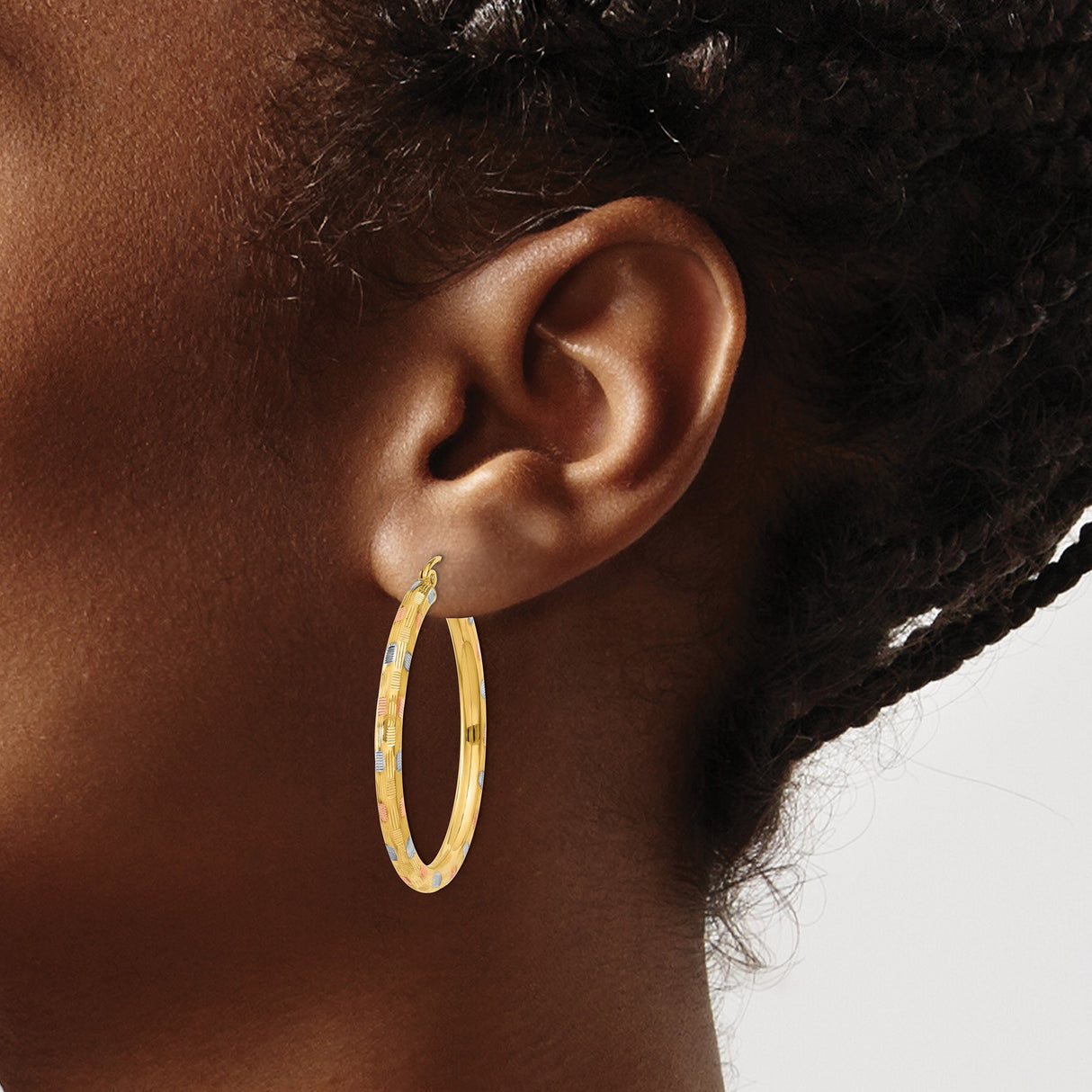 14k Tri-Color Gold Hoop Earrings, Textured Diamond-Cut Design in Yellow, White, and Rose Gold