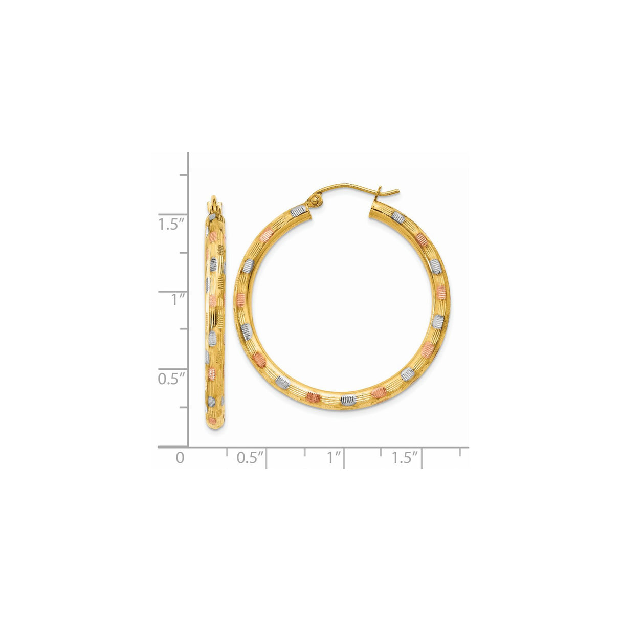 14k Tri-Color Gold Hoop Earrings, Textured Diamond-Cut Design in Yellow, White, and Rose Gold