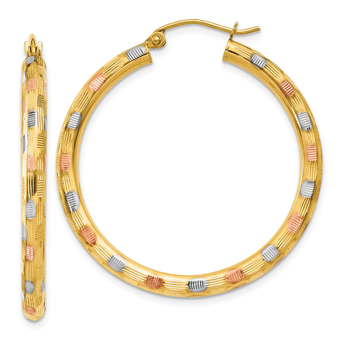 14k Tri-Color Gold Hoop Earrings, Textured Diamond-Cut Design in Yellow, White, and Rose Gold