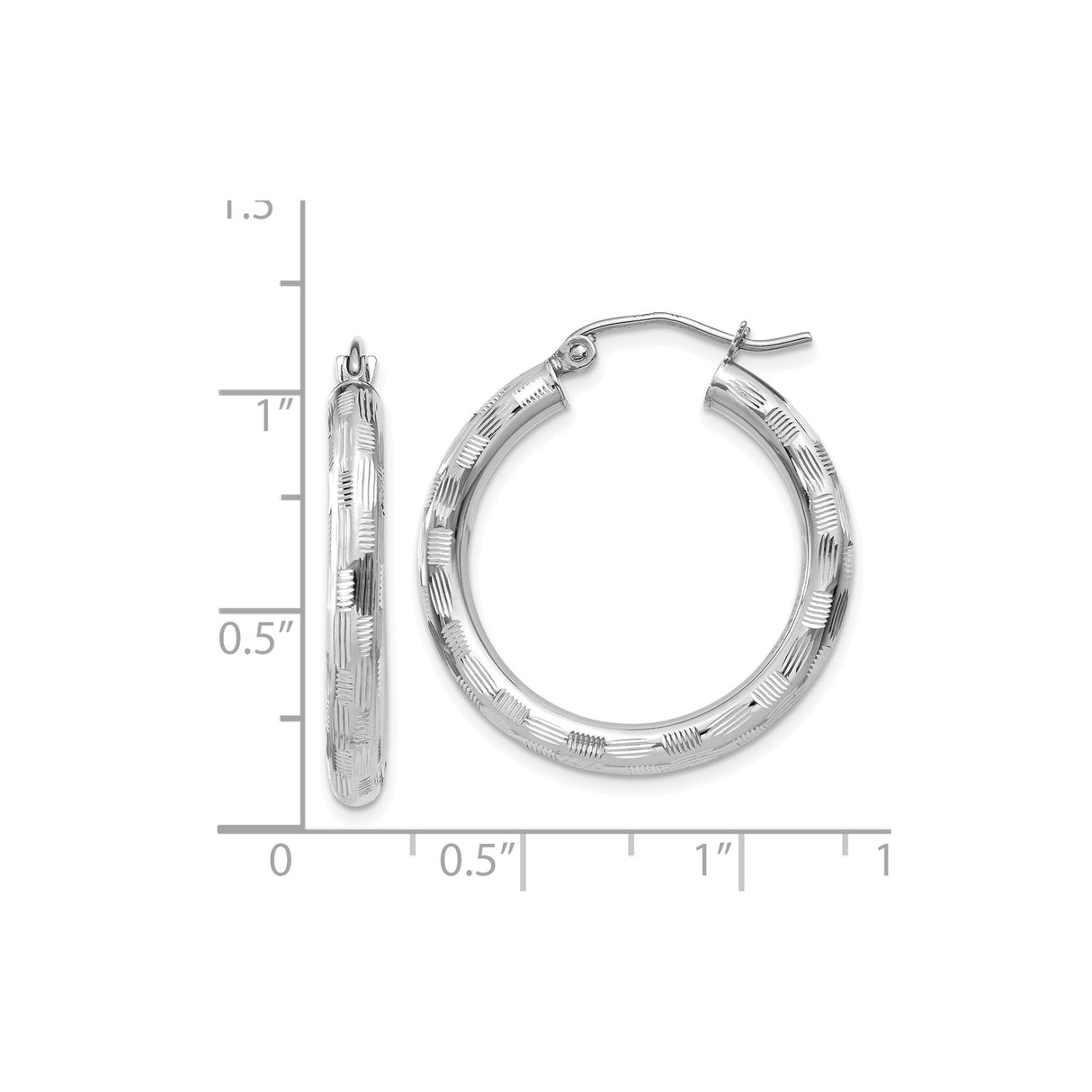 14k White Gold Hoop Earrings with Diamond Cut Texture, Lightweight Modern Style for Women