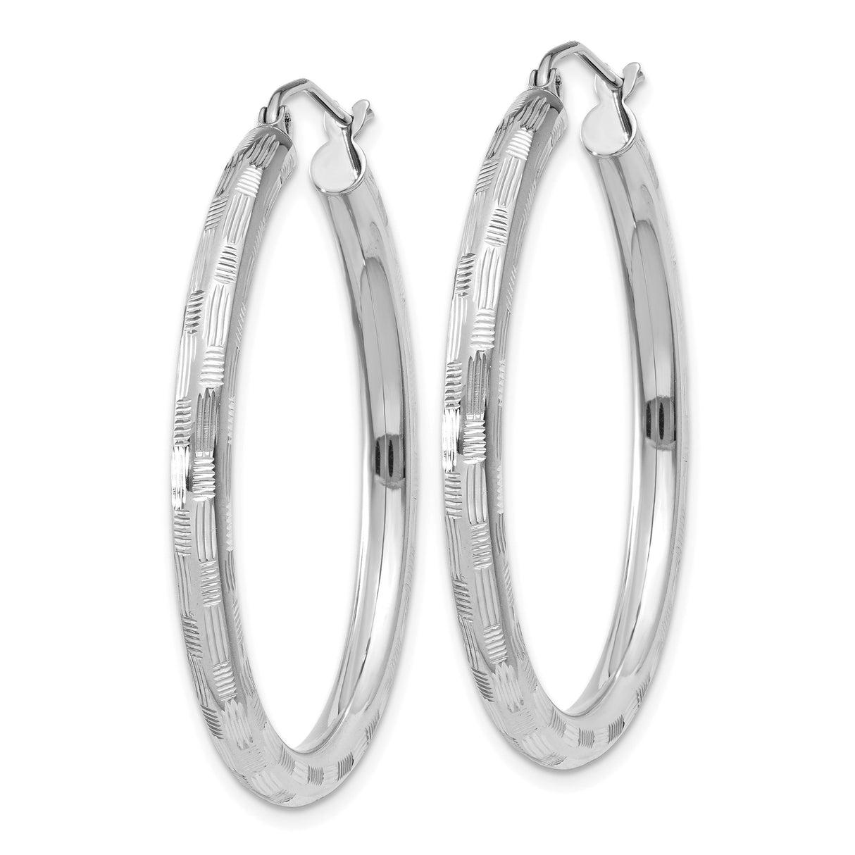 14k White Gold Hoop Earrings, Diamond Cut Textured Round Hoops with Shiny Finish