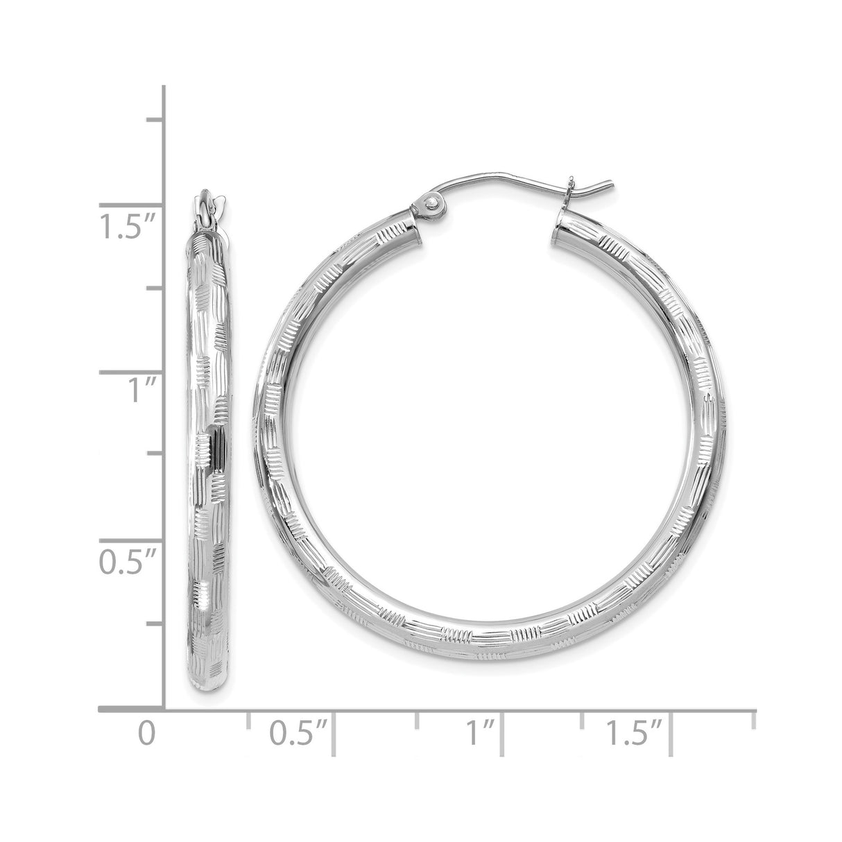 14k White Gold Hoop Earrings, Diamond Cut Textured Round Hoops with Shiny Finish
