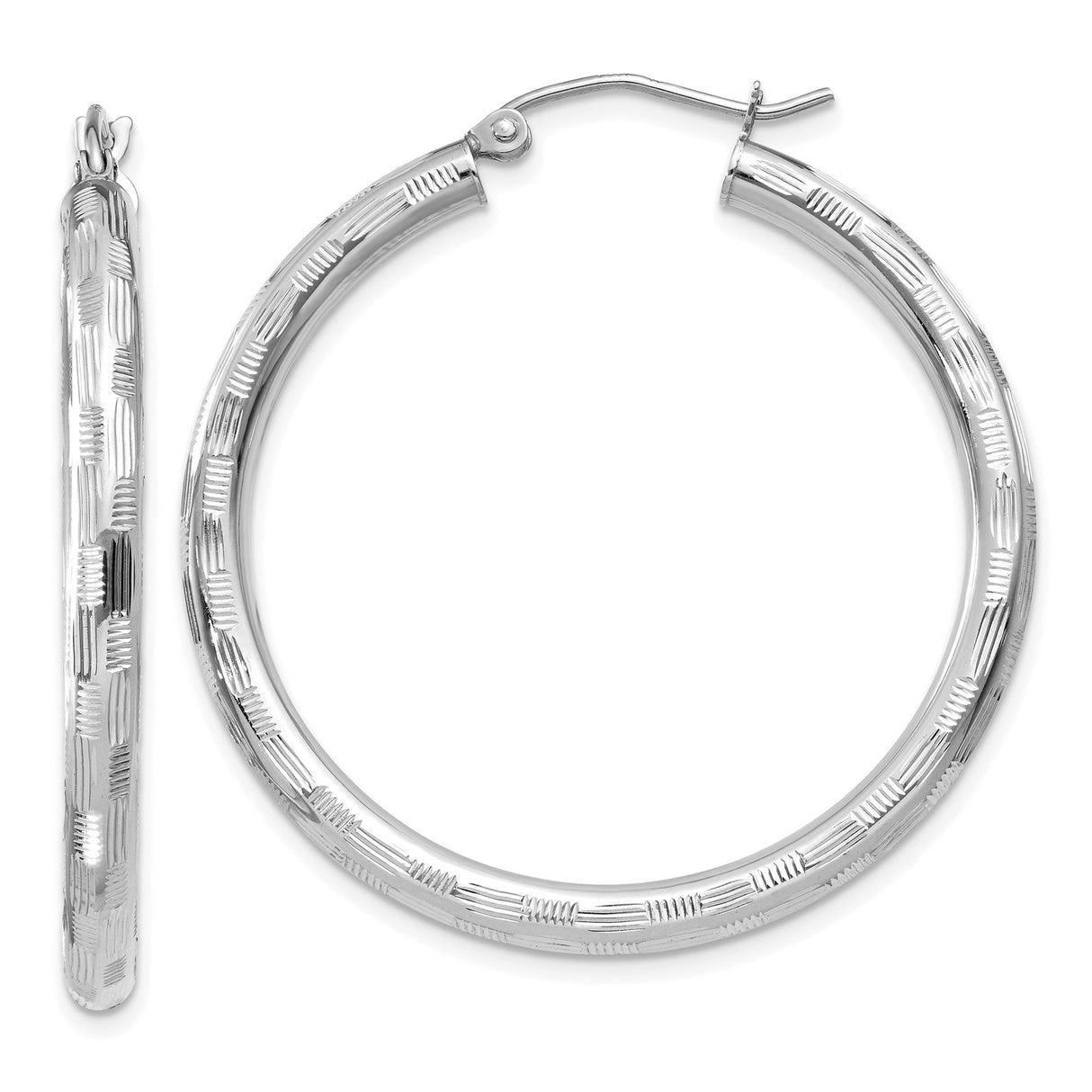 14k White Gold Hoop Earrings, Diamond Cut Textured Round Hoops with Shiny Finish