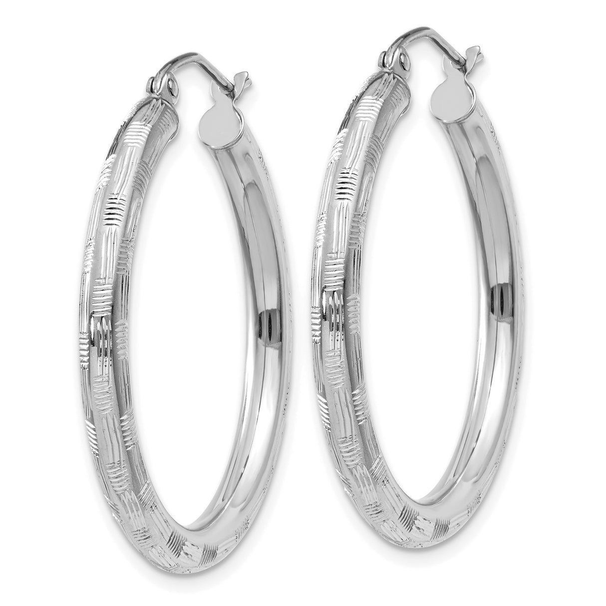 14k White Gold Hoop Earrings with Textured Crosshatch Design for Women