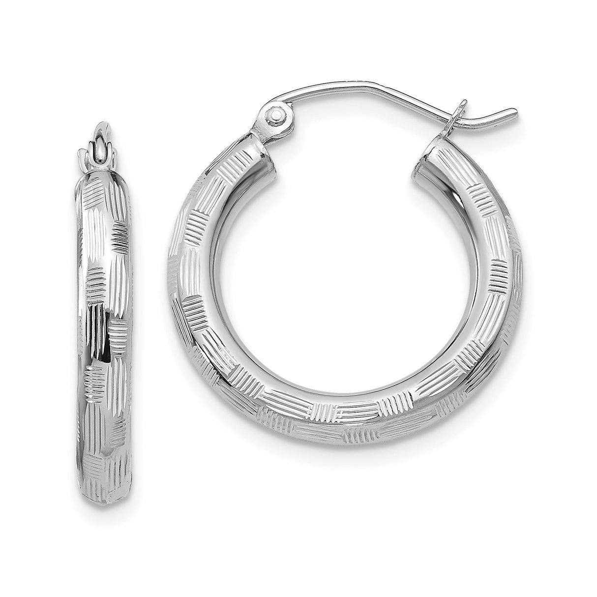 14k White Gold Hoop Earrings with Textured Design and Latch Back Closure