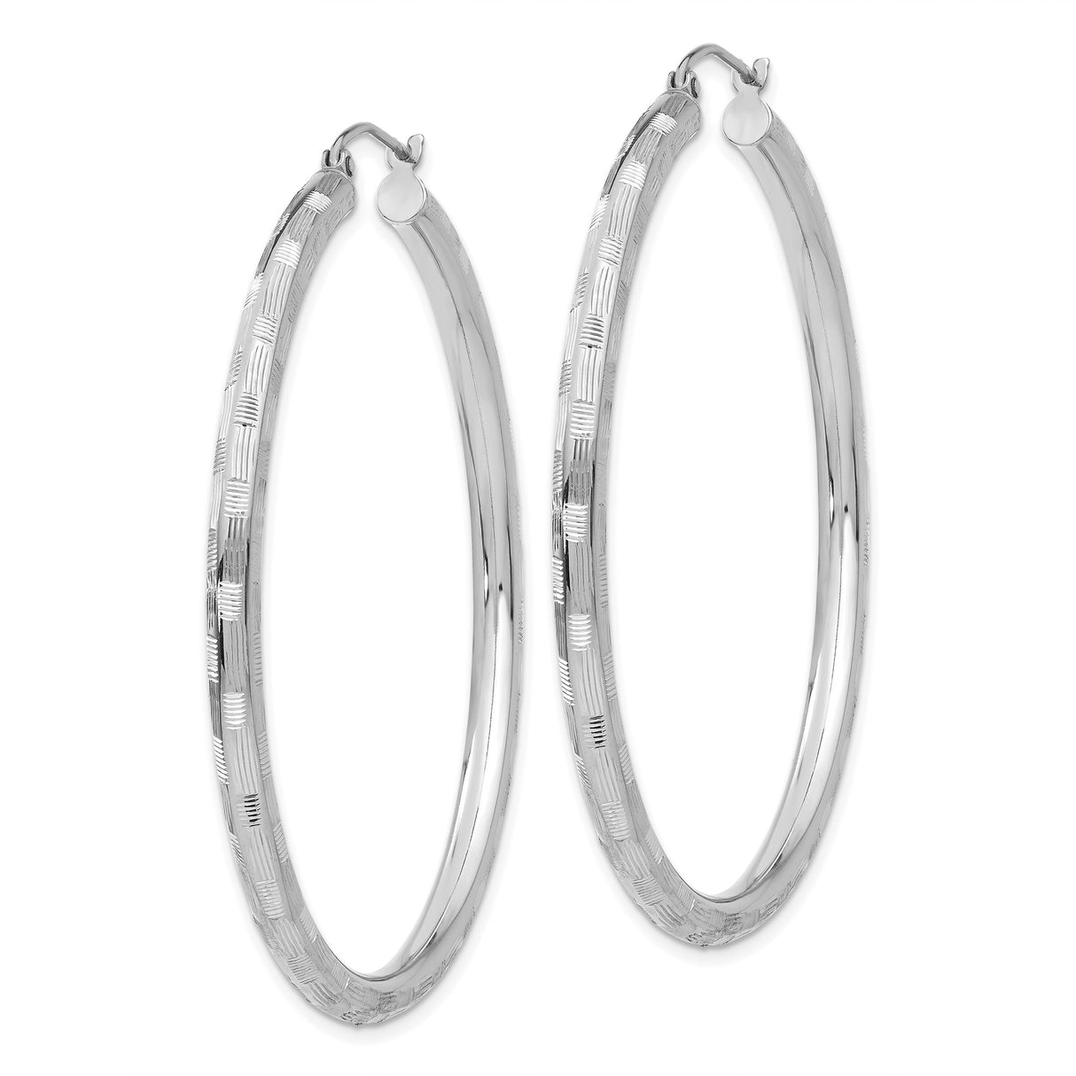 14k White Gold Hoop Earrings with Textured Diamond Cut Pattern and Latch Back Closure