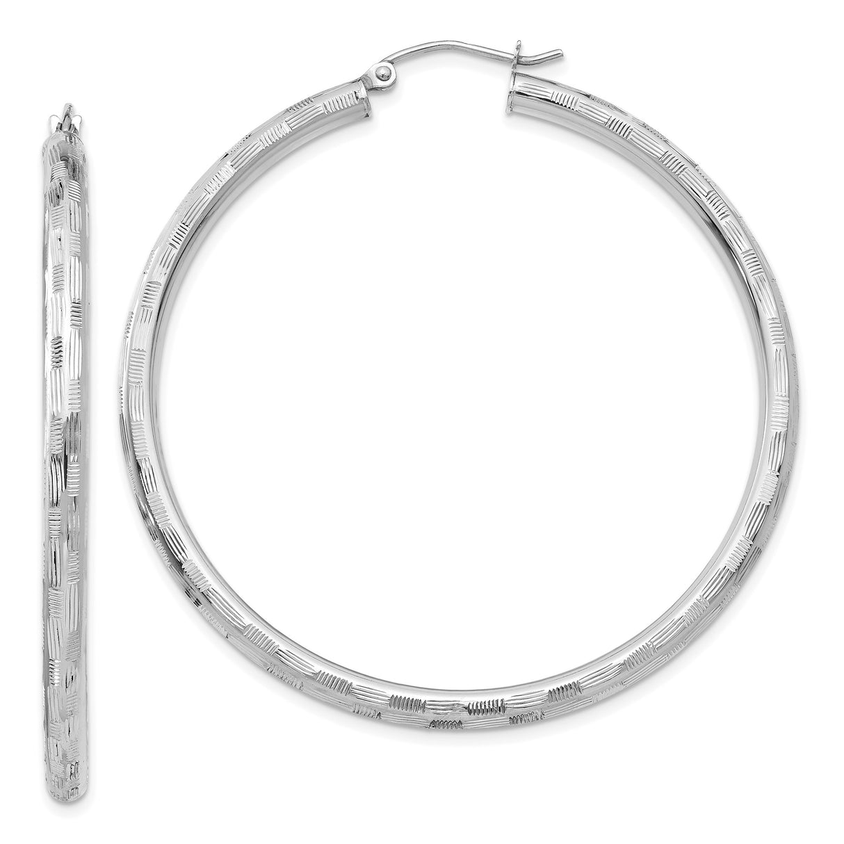 14k White Gold Hoop Earrings with Textured Diamond Cut Pattern and Latch Back Closure