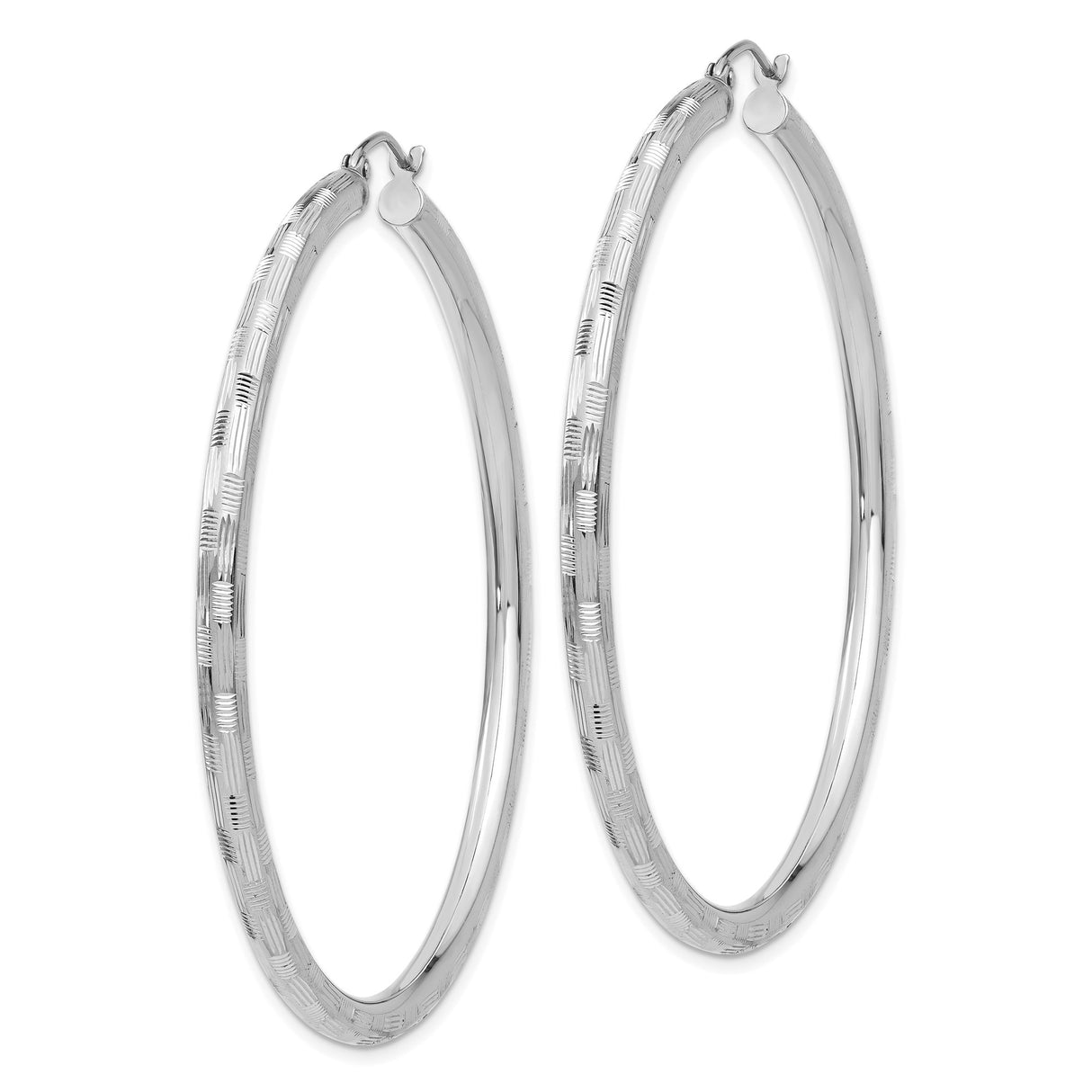 14k White Gold Hoop Earrings, Textured Design with Line Detail, High Polish Finish