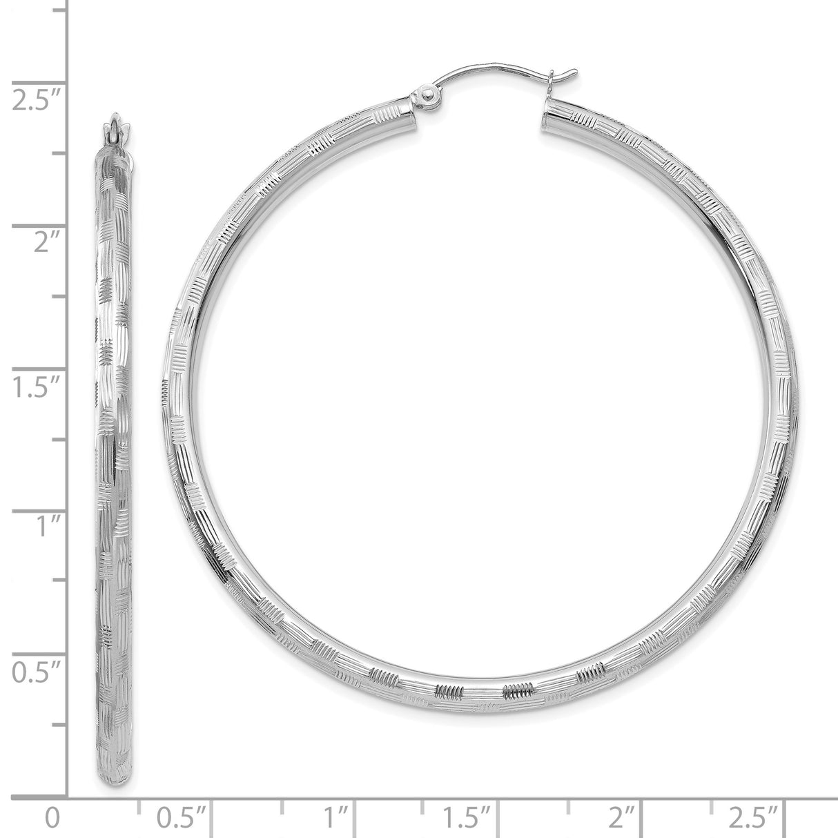 14k White Gold Hoop Earrings, Textured Design with Line Detail, High Polish Finish