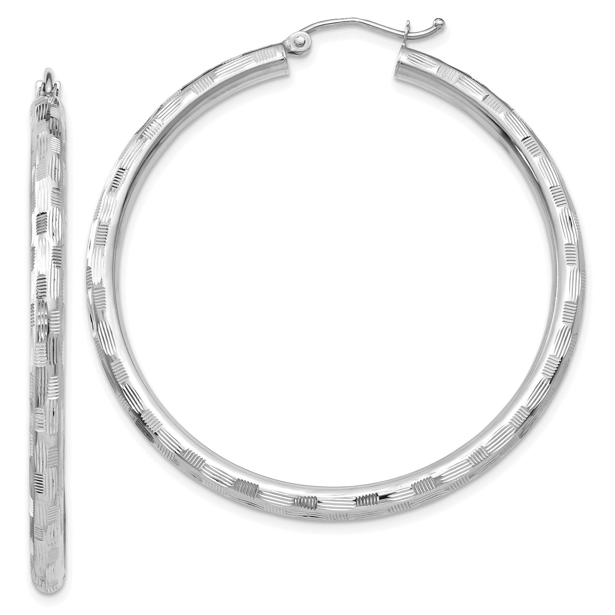 14k White Gold Hoop Earrings, Textured Design with Line Detail, High Polish Finish