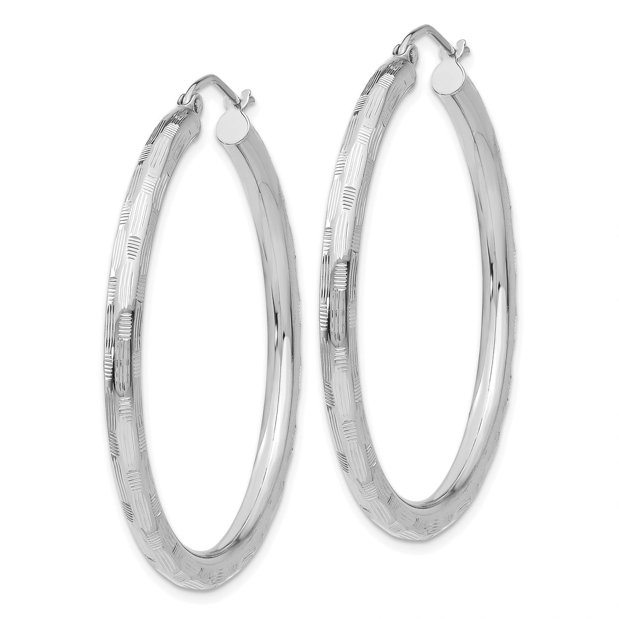 14k White Gold Hoop Earrings, Textured Round Design with Linear Detailing
