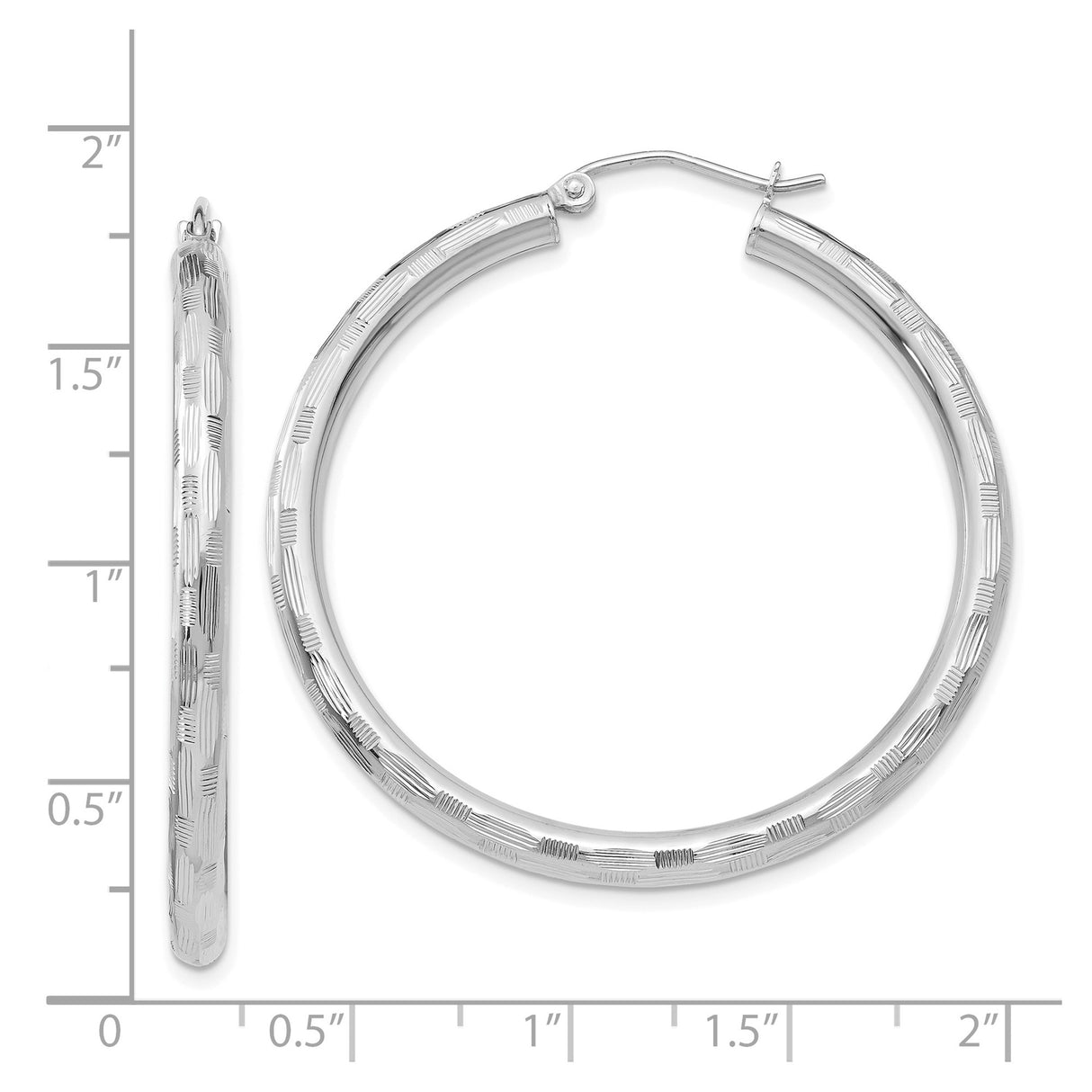 14k White Gold Hoop Earrings, Textured Round Design with Linear Detailing
