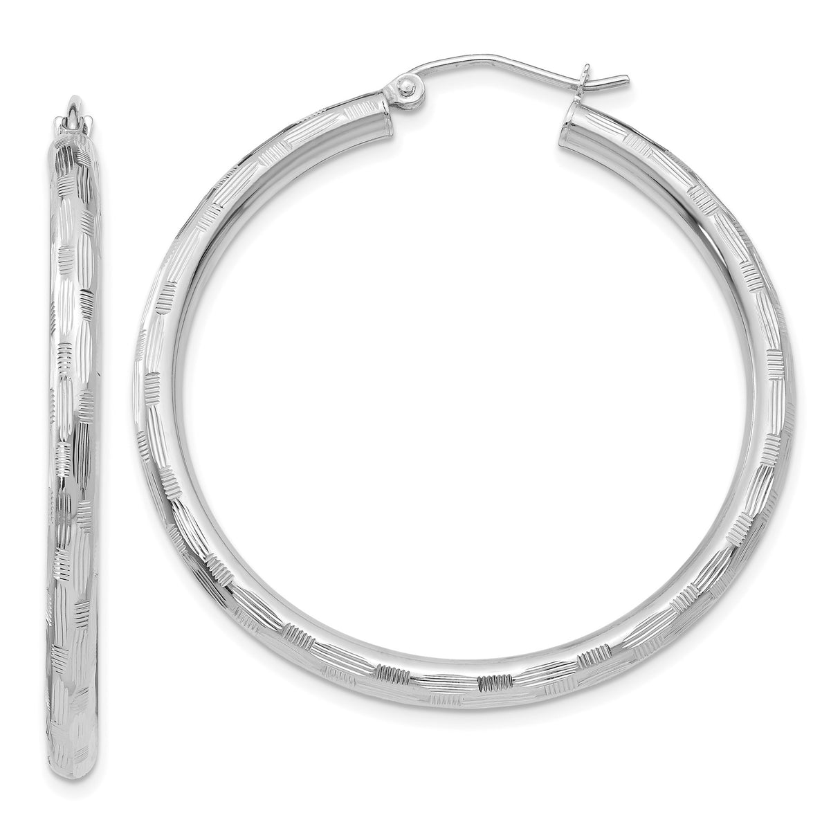 14k White Gold Hoop Earrings, Textured Round Design with Linear Detailing