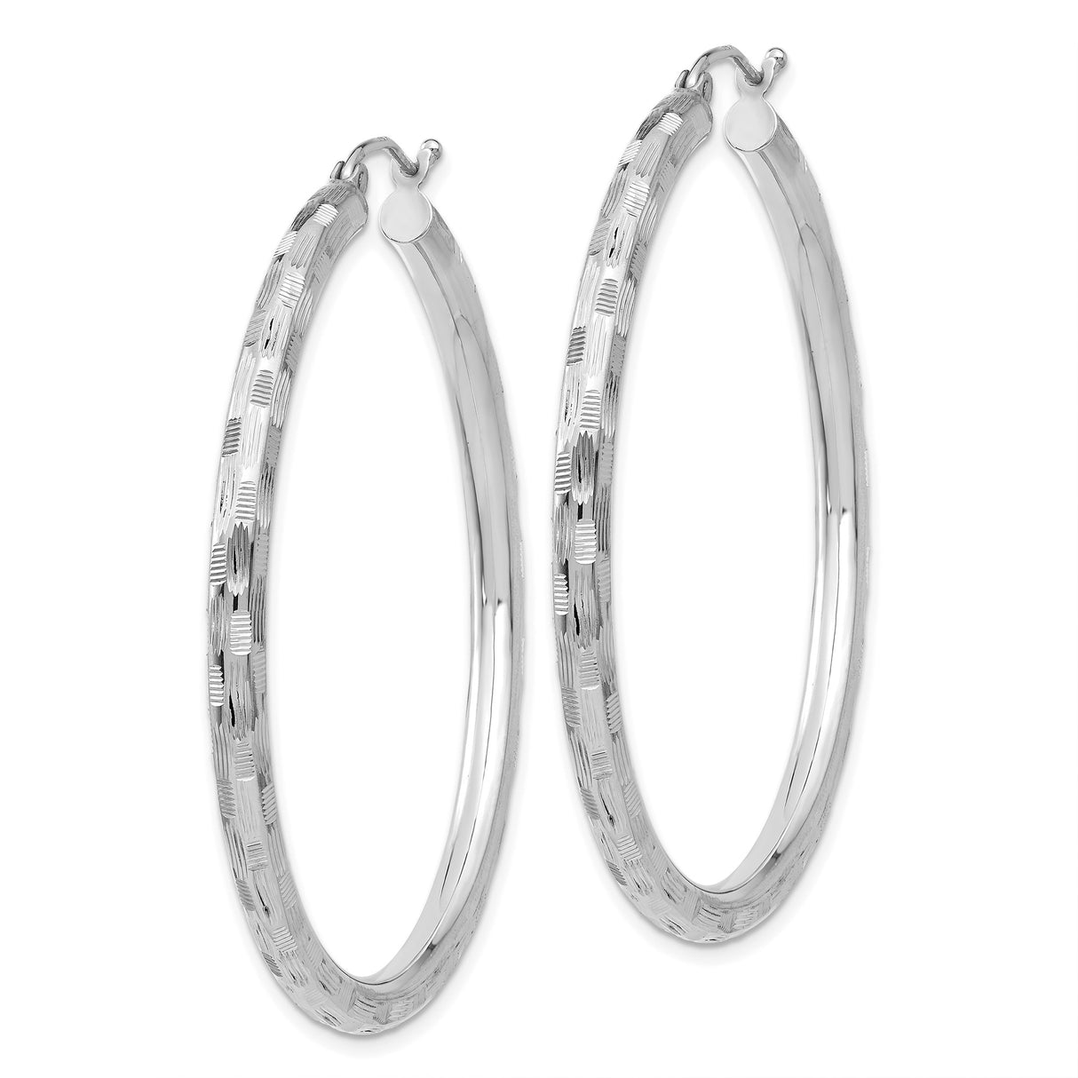 14k White Gold Hoop Earrings, Textured High-Polish Round Design for Women