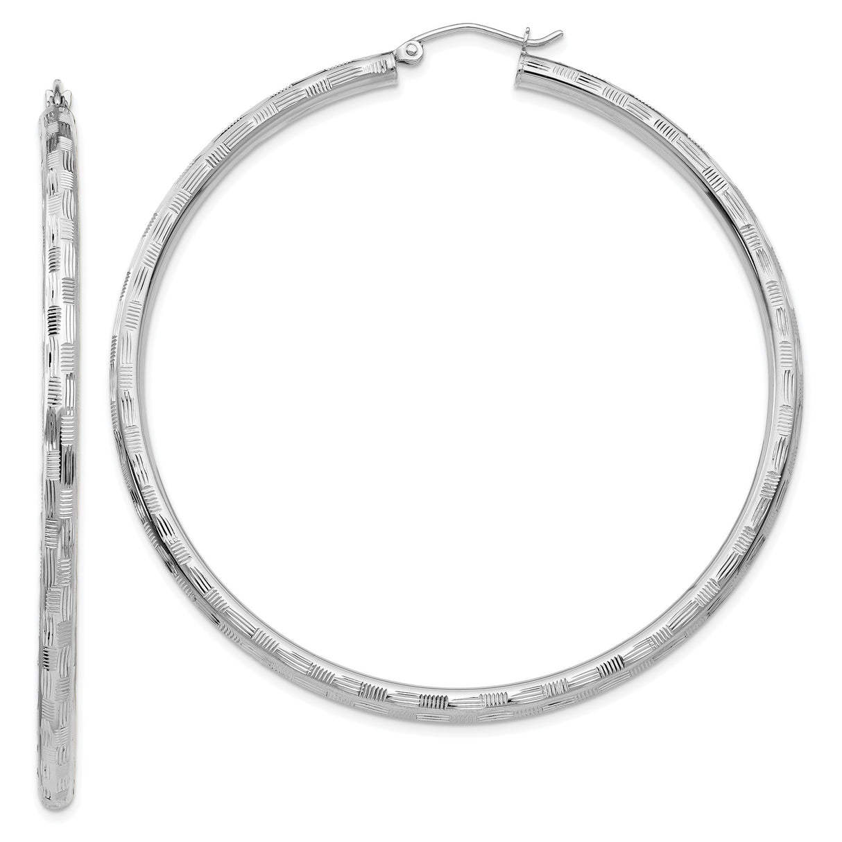 14k White Gold Hoop Earrings, Textured High-Polish Round Design for Women