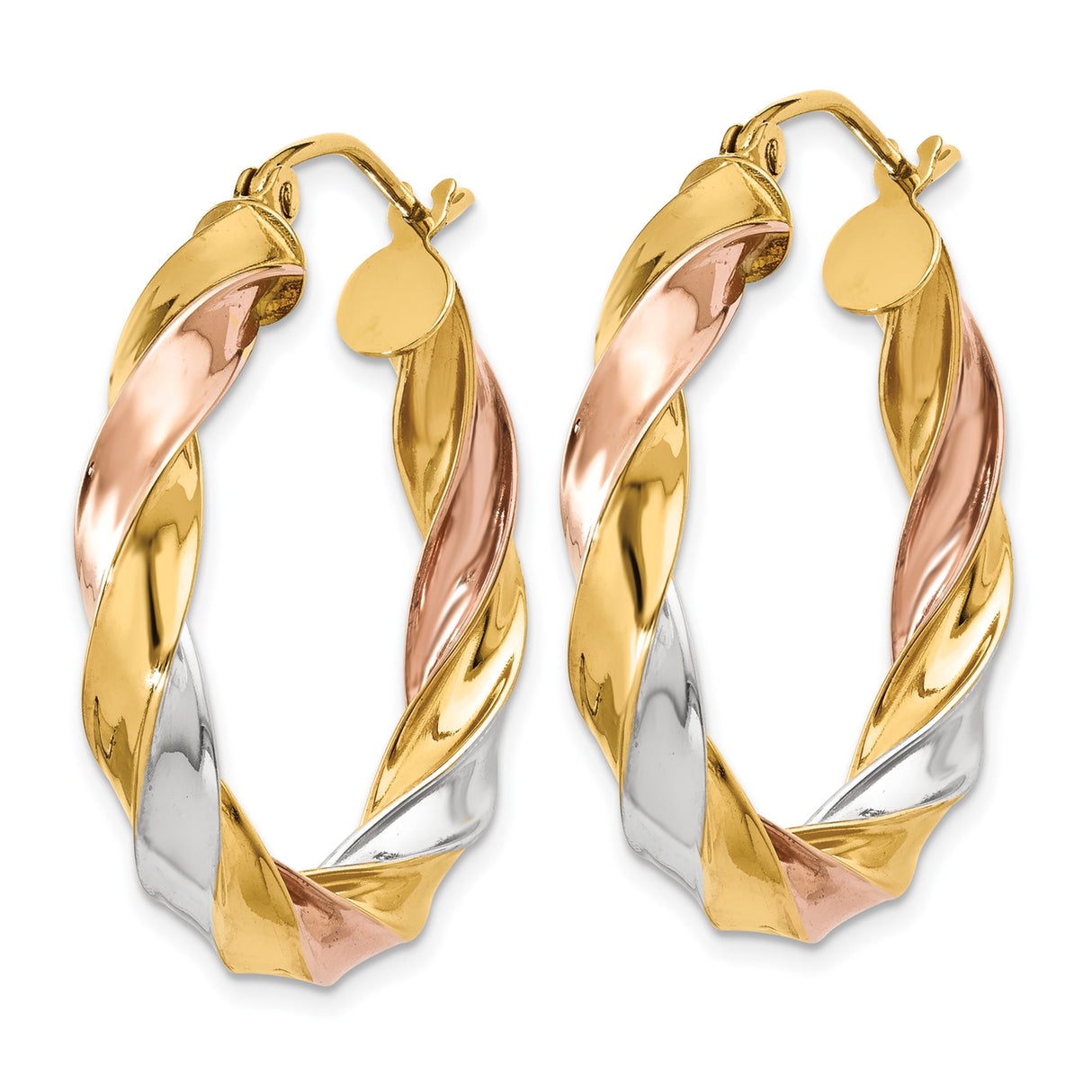 14k Tri-Color Gold Hoop Earrings, Twisted Design with Yellow, White, and Rose Gold Strands