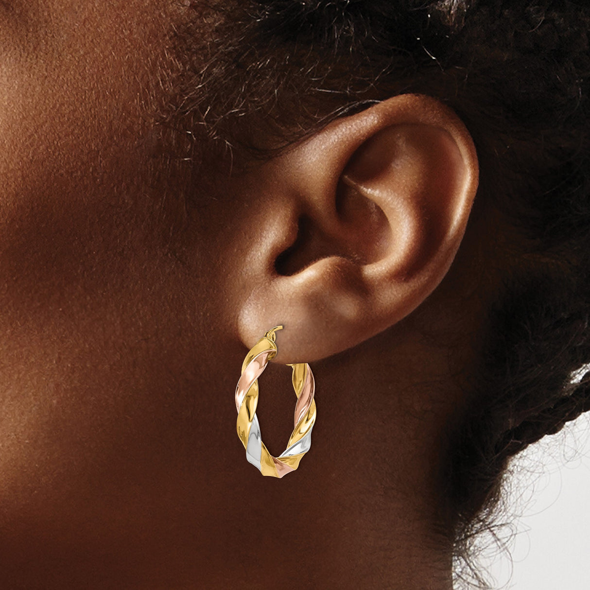 14k Tri-Color Gold Hoop Earrings, Twisted Design with Yellow, White, and Rose Gold Strands