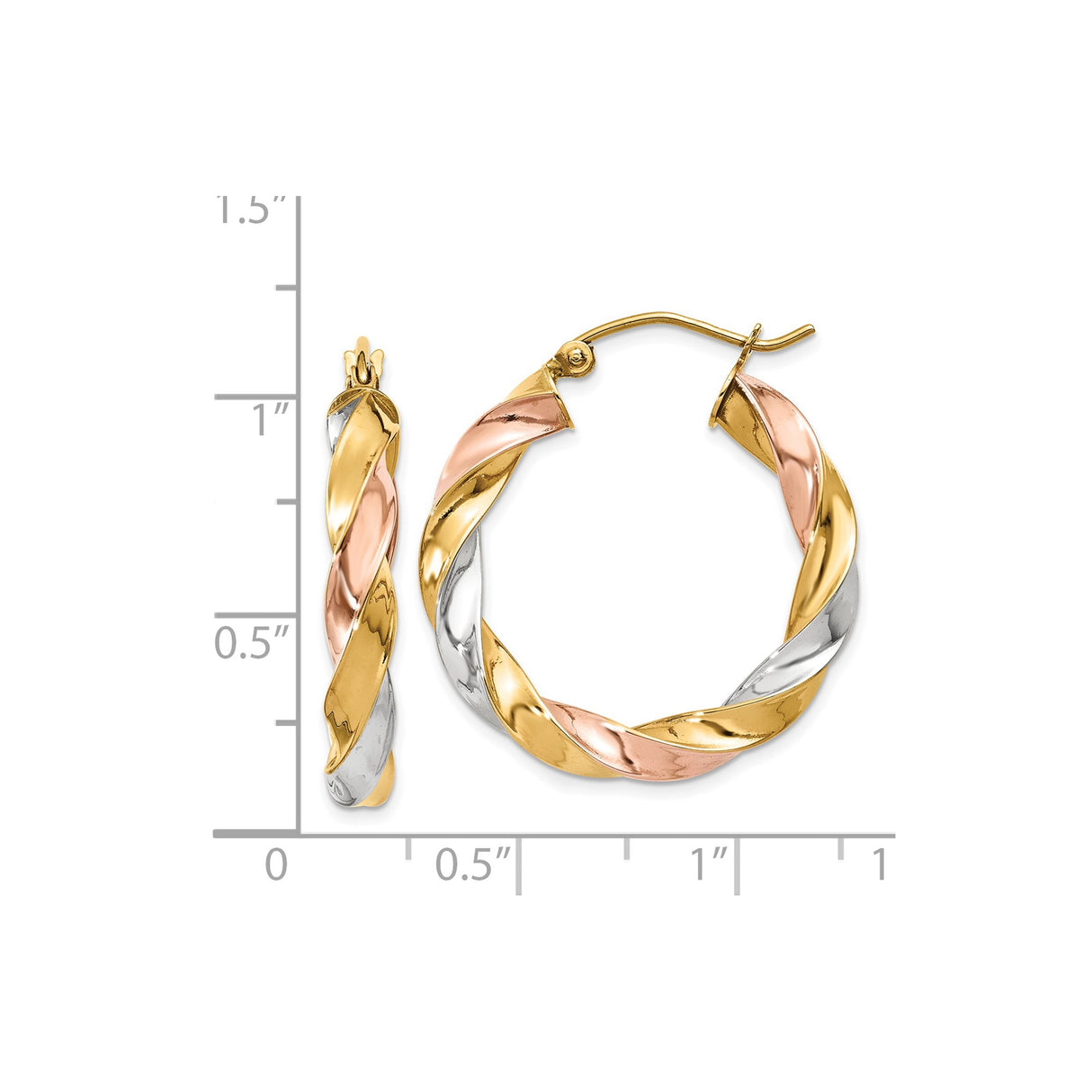 14k Tri-Color Gold Hoop Earrings, Twisted Design with Yellow, White, and Rose Gold Strands