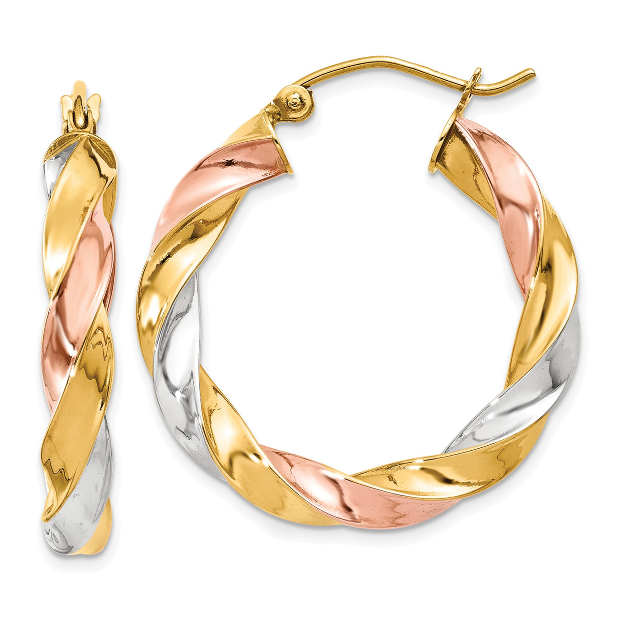 14k Tri-Color Gold Hoop Earrings, Twisted Design with Yellow, White, and Rose Gold Strands