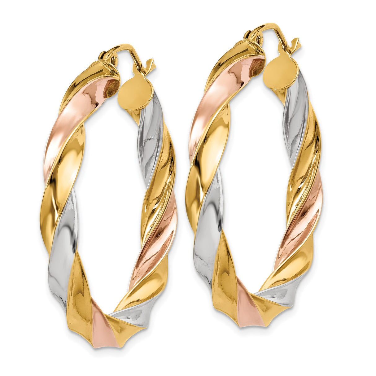 14k Yellow, White, and Rose Gold Twisted Hoop Earrings, Tri-Color Intertwined Design for Women